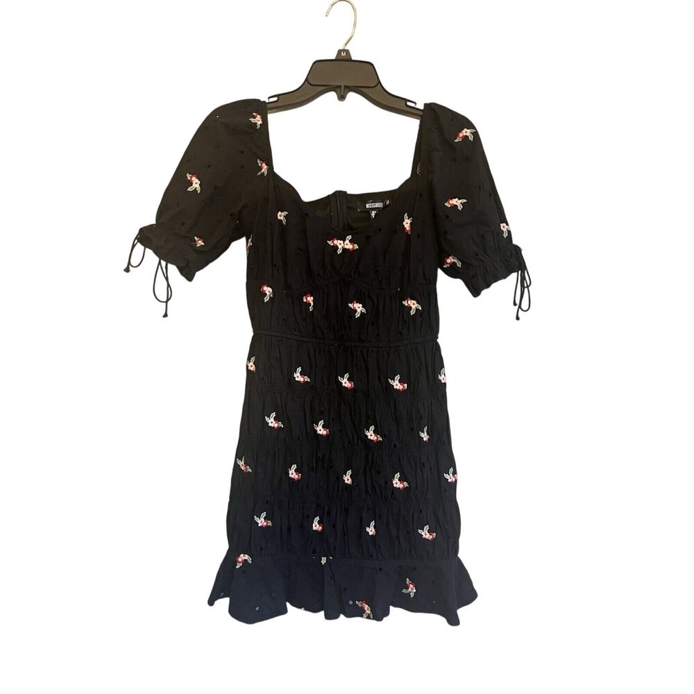 Missguided Mini Dress Black Embroidered Floral Eyelet Bows Short Sleeve Size 2